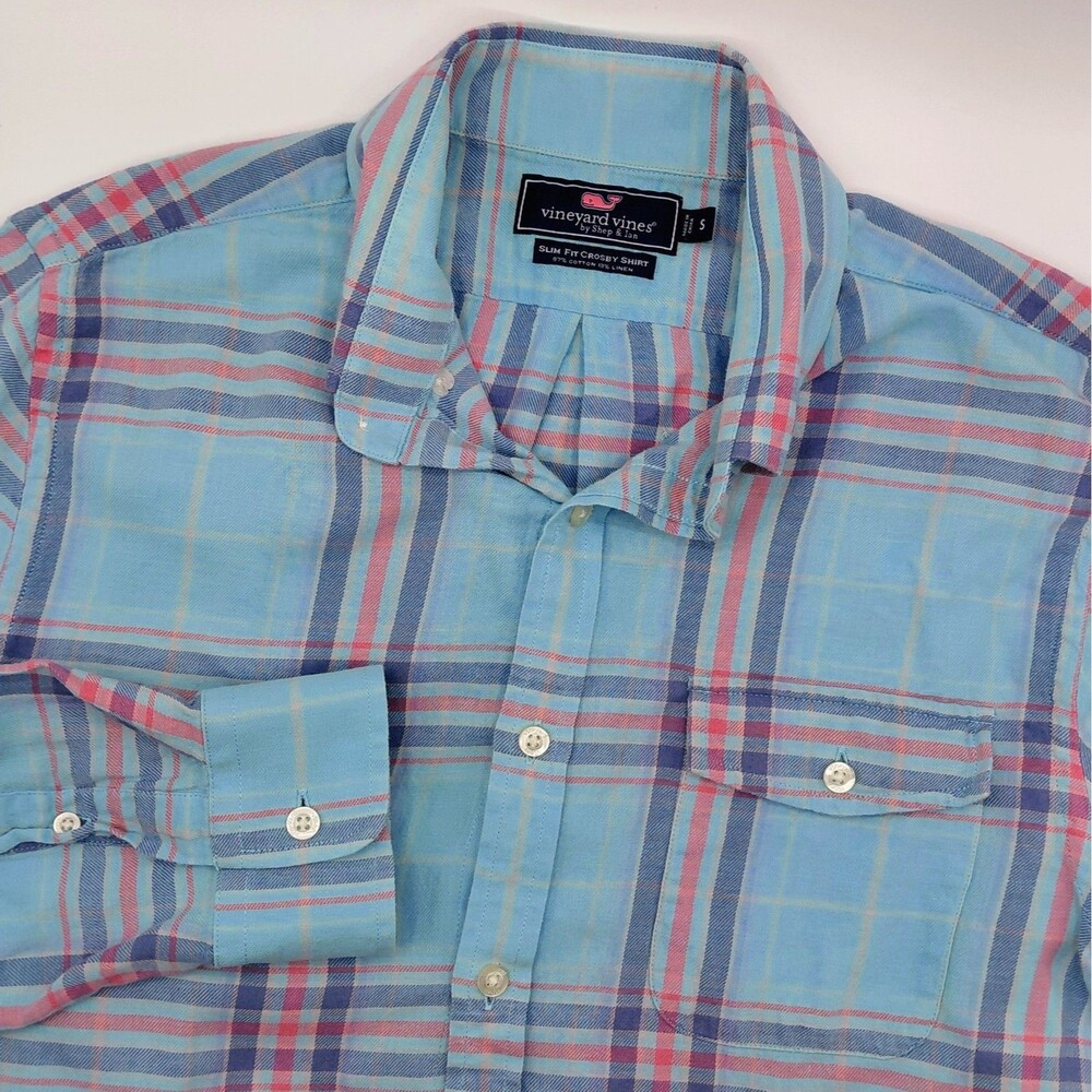 Vineyard Vines Slim Fit Croby Linen Blend Shirt Men's Small Blue Plaid Coastal